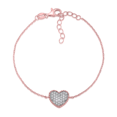MASSETE Sterling Silver 925 Rose Gold Plated Heart Beaded Pave CZ Bracelet Cable Chain 7"