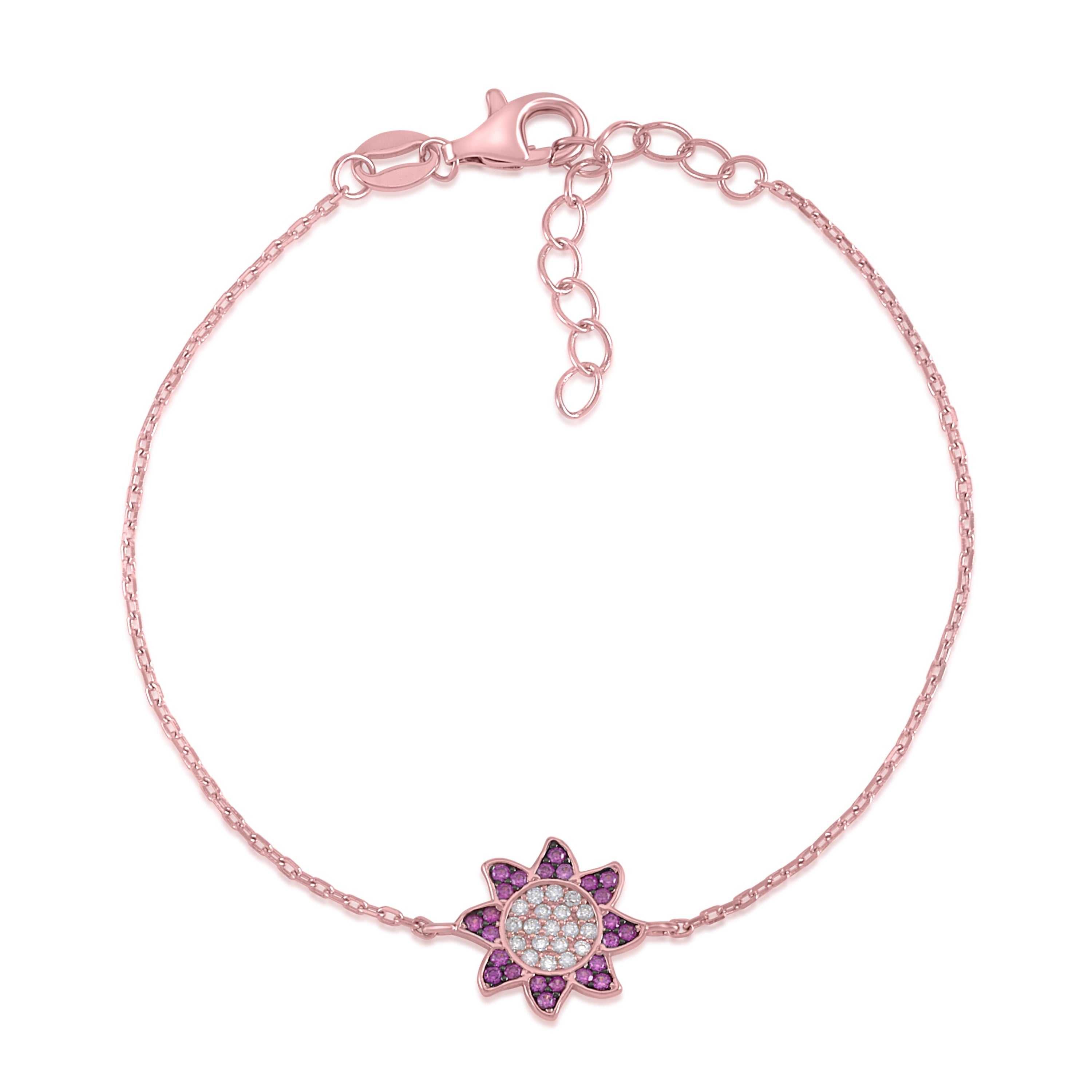 MASSETE Sterling Silver 925 Rose Gold Plated Sunflower Pave CZ Red Bracelet Cable Chain 7"