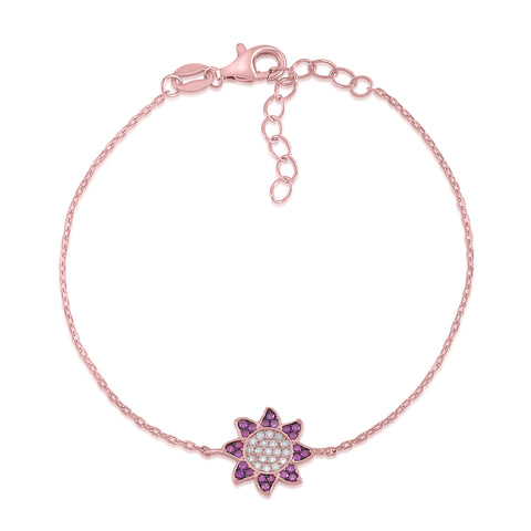 MASSETE Sterling Silver 925 Rose Gold Plated Sunflower Pave CZ Red Bracelet Cable Chain 7"