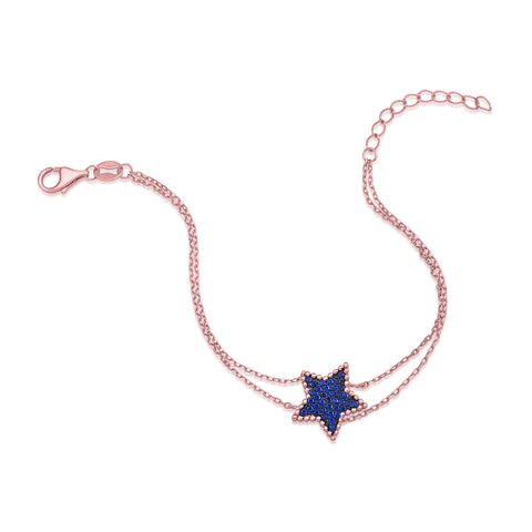 MASSETE Sterling Silver 925 Rose Gold Plated Star Beaded Pave CZ Bracelet Double Cable Chain 7"