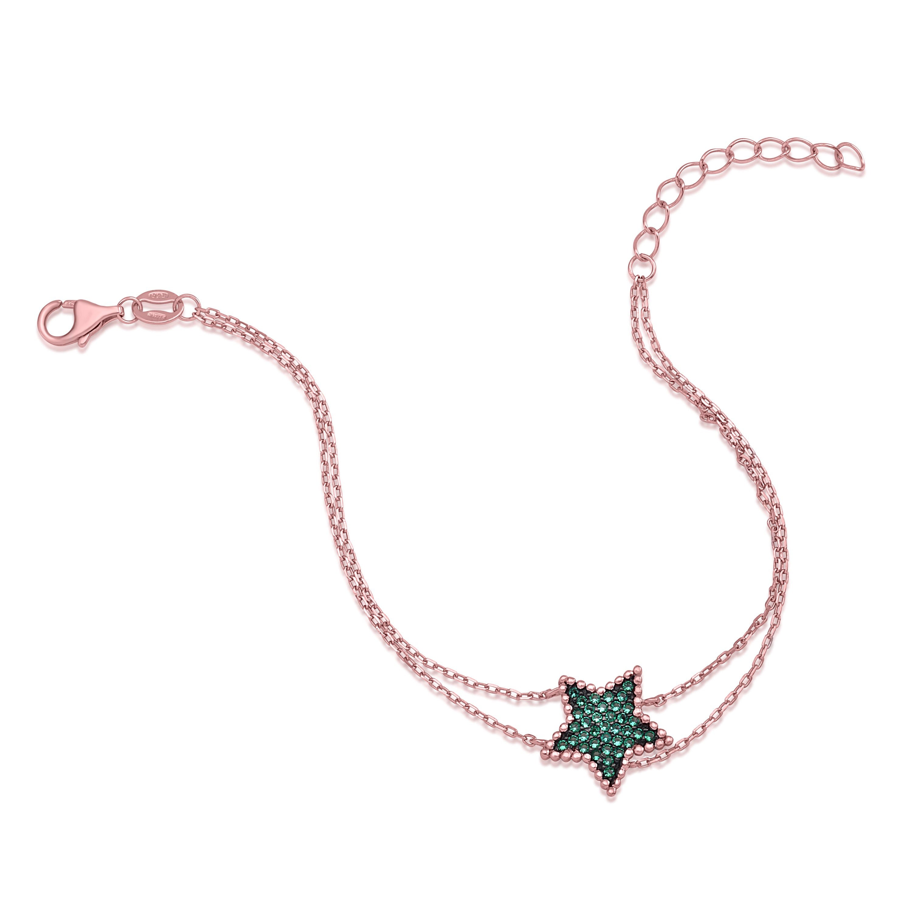 MASSETE Sterling Silver 925 Rose Gold Plated Star Beaded Pave CZ Bracelet Double Cable Chain 7"