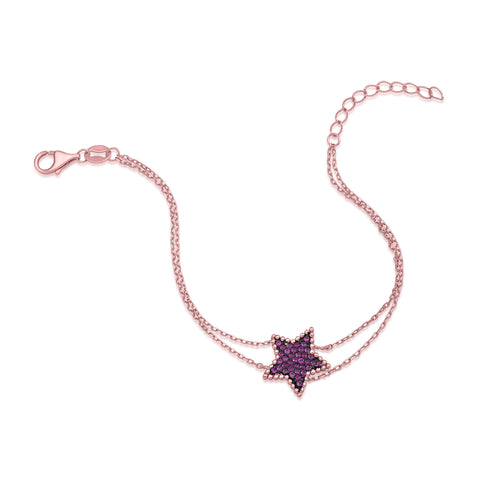 MASSETE Sterling Silver 925 Rose Gold Plated Star Beaded Pave CZ Bracelet Double Cable Chain 7"