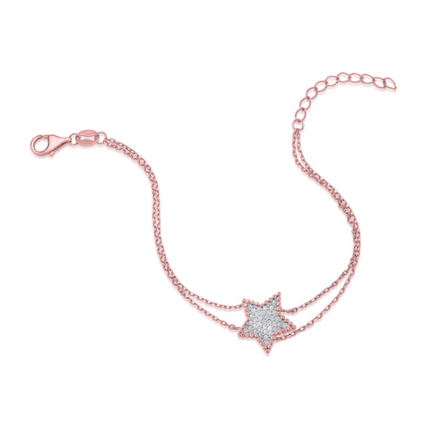 MASSETE Sterling Silver 925 Rose Gold Plated Star Beaded Pave CZ Bracelet Double Cable Chain 7"