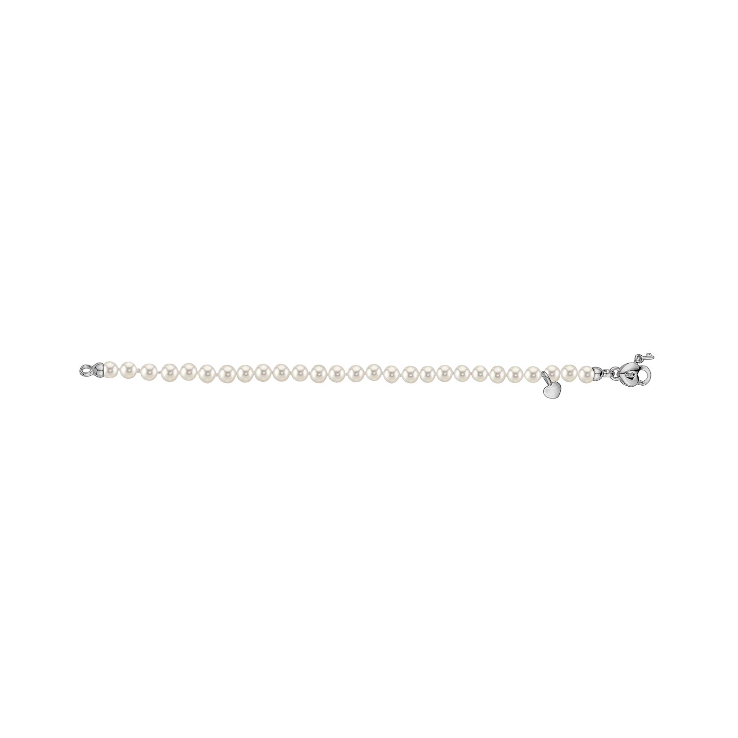 White Round Freshwater Cultured Pearl Bracelet for Girls 5mm Sterling Silver Heart Shape Key Lock Charm Clasp 6.5"