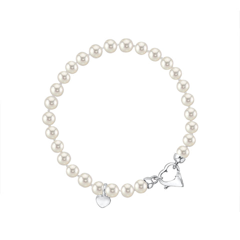 White Round Freshwater Cultured Pearl Bracelet for Girls 5mm Sterling Silver Heart Clasp and Charm 6.5"