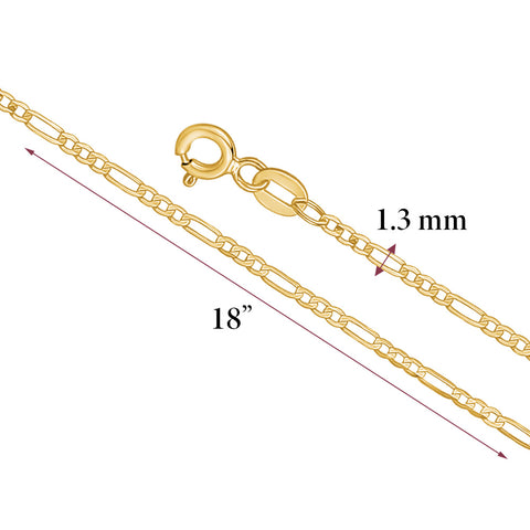 14K Solid Yellow Gold Figaro Link Chain 3+1 Necklace for Women and Girls Made in Italy - Width 1.5mm