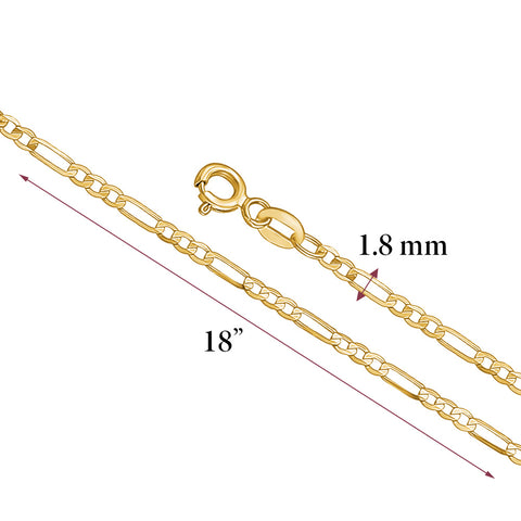 14K Solid Yellow Gold Figaro Link Chain 3+1 Necklace for Women and Girls Made in Italy - Width 2mm