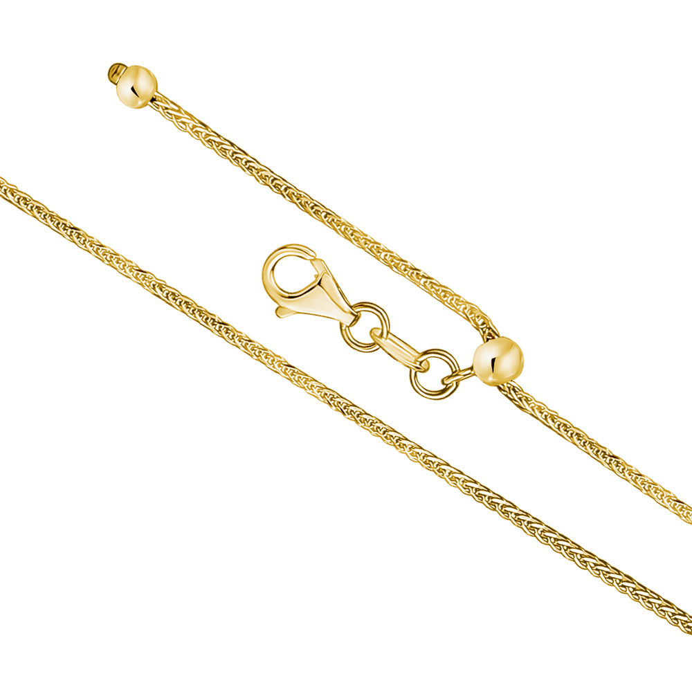 14K Solid Yellow Gold Wheat Chain Necklace Braided Adjustable Length Slider for Men and Women Made in Italy - Width 1mm Length 22"