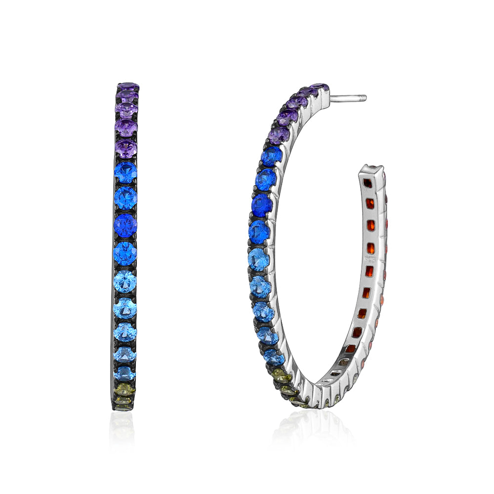Sterling Silver Large Rainbow Hoop Earrings Assorted Multi Colors Cubic Zirconia 1.5"