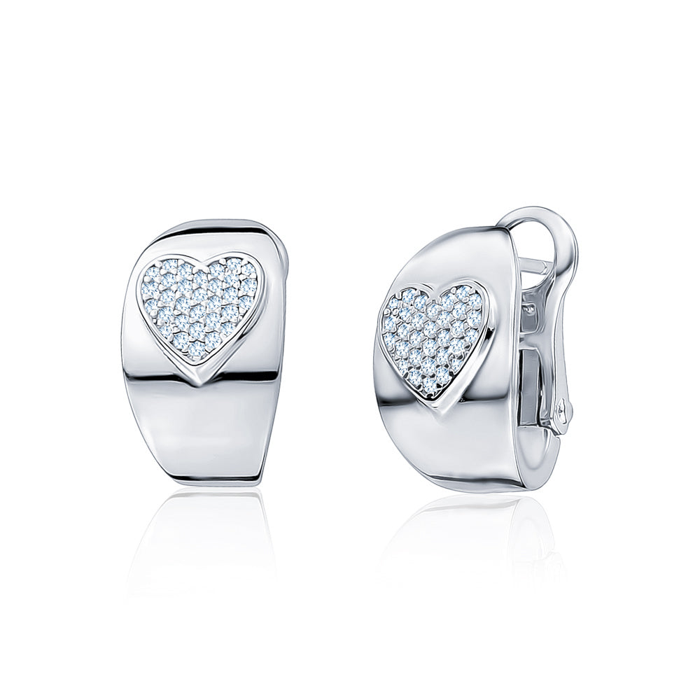 Sterling Silver Wide Hoop Huggie Earrings Simulated Diamonds Heart Polished Shiny French Clip