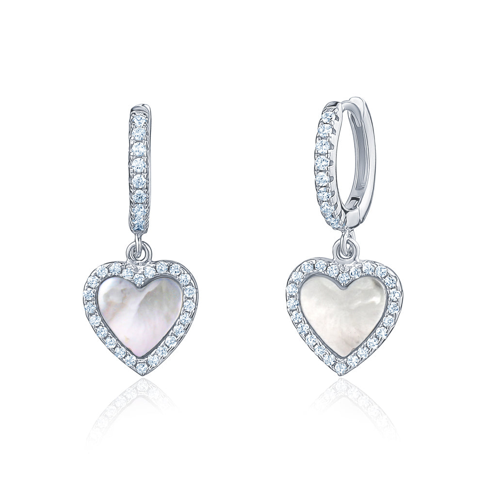 Sterling Silver Heart Dangle Earrings Mother of Pearl Simulated Diamonds Outline for Girls
