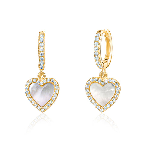 Sterling Silver Heart Dangle Earrings Mother of Pearl Simulated Diamonds Outline for Girls