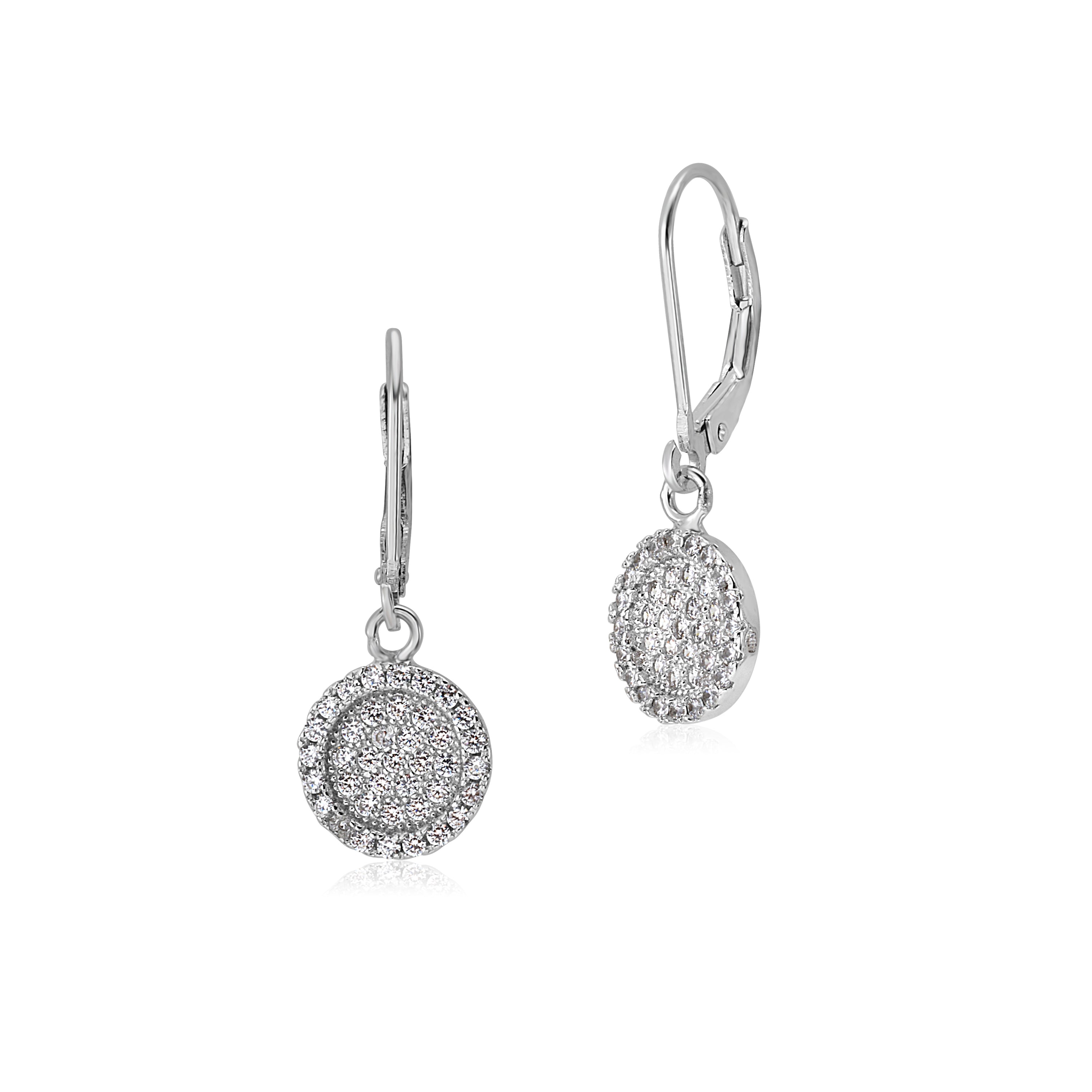 Sterling Silver 925 Pave CZ Large Round Disc with Border Leverback Earrings Dangle