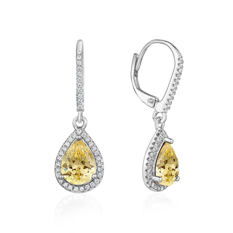 Sterling Silver 925 Simulated Diamond Fancy Leverback Earrings Dangle Pear Cut Halo