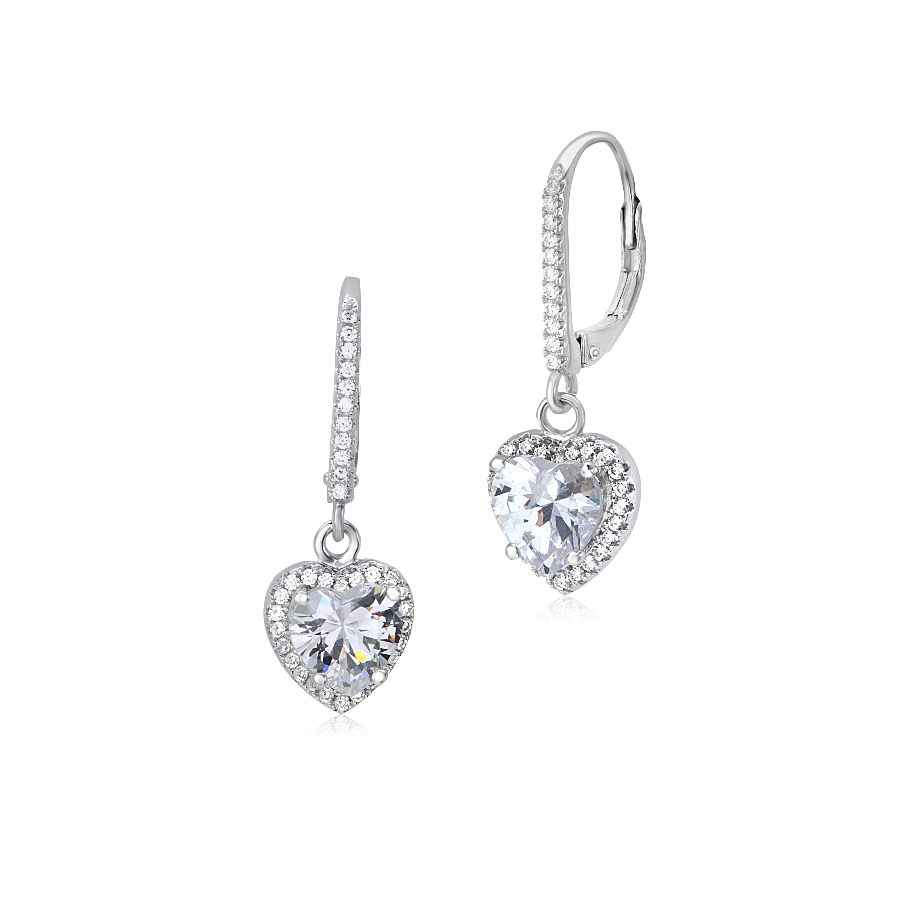 Sterling Silver 925 Simulated Diamond Heart Halo Leverback Earrings Dangle