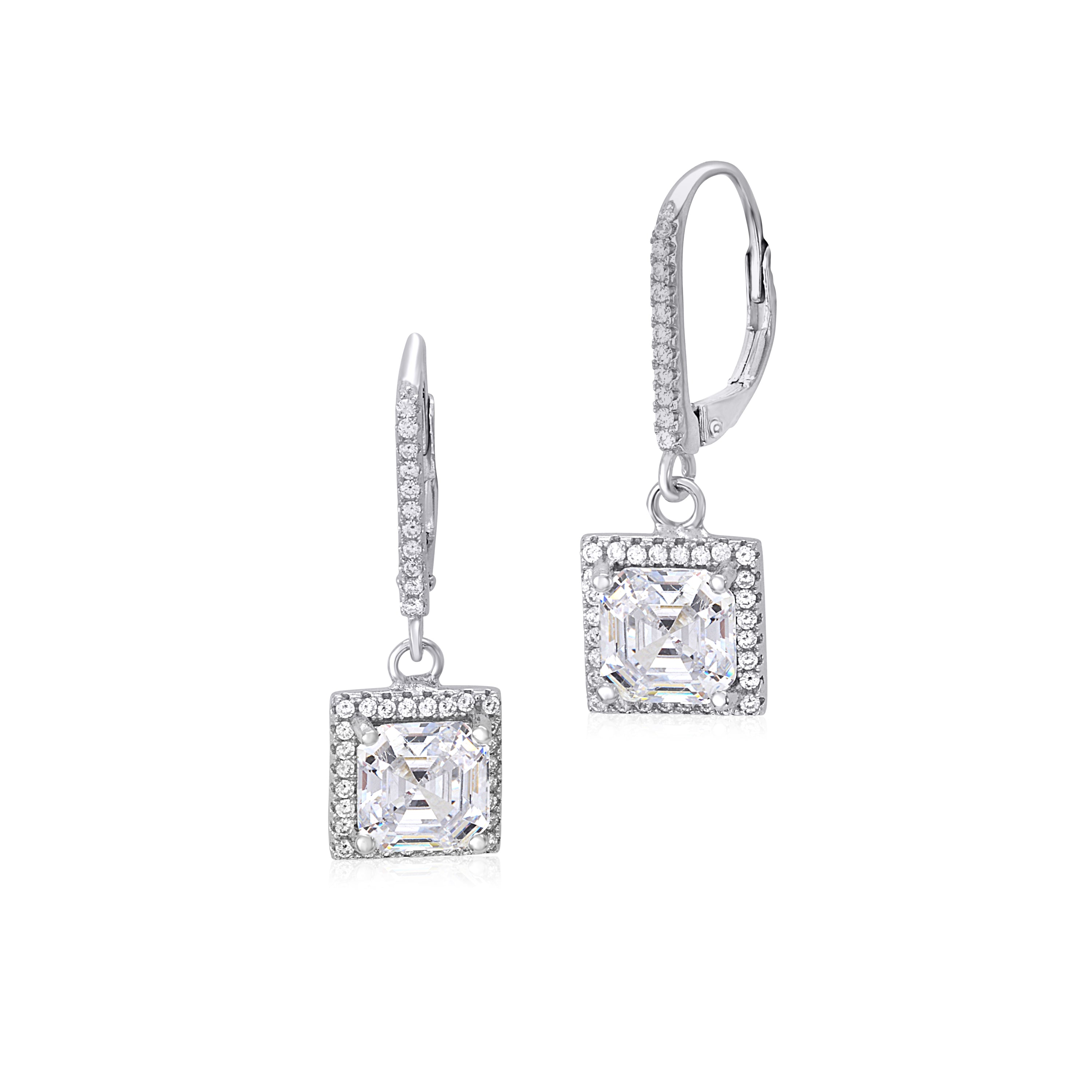 Sterling Silver 925 Simulated Diamond Square Asscher Cut Halo Leverback Earrings Dangle