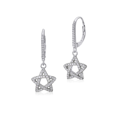 Sterling Silver 925 Pave CZ Large Woven Star Leverback Earrings Dangle