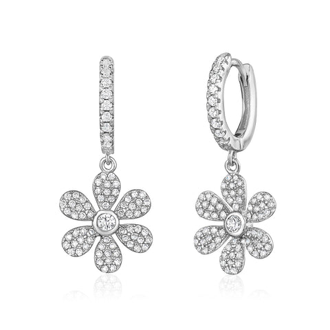 Sterling Silver Earrings for Girls 6 Petal Flower on Hoop with Sparkly Pave Set Simulated Diamonds