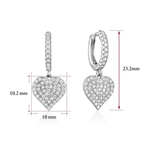 Sterling Silver Earrings for Girls Heart on Hoop with Sparkly Pave Set Simulated Diamonds