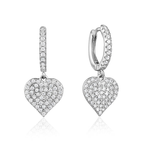 Sterling Silver Earrings for Girls Heart on Hoop with Sparkly Pave Set Simulated Diamonds