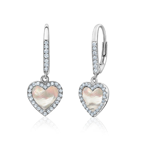 Sterling Silver Heart Dangle Earrings Leverback Mother of Pearl Simulated Diamonds Outline for Girls