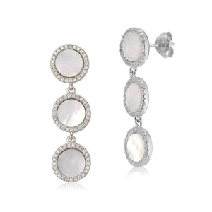 Sterling Silver CZ Mother of Pearl Triple Round Disc Long Dangle Post Earrings - Massete