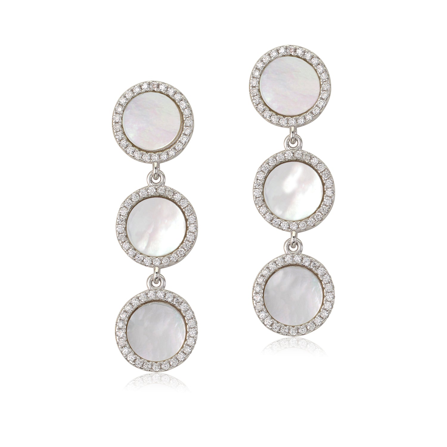 Sterling Silver CZ Mother of Pearl Triple Round Disc Long Dangle Post Earrings - Massete