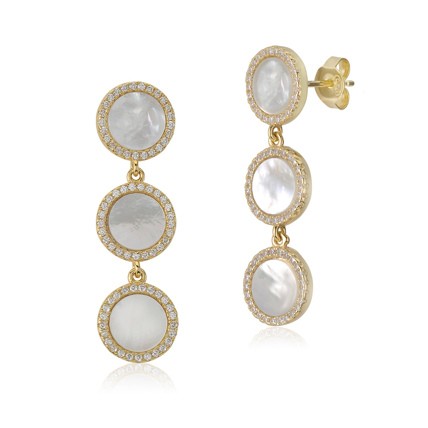 Sterling Silver Yellow Gold Plated CZ Mother of Pearl Triple Round Disc Long Dangle Post Earrings - Massete