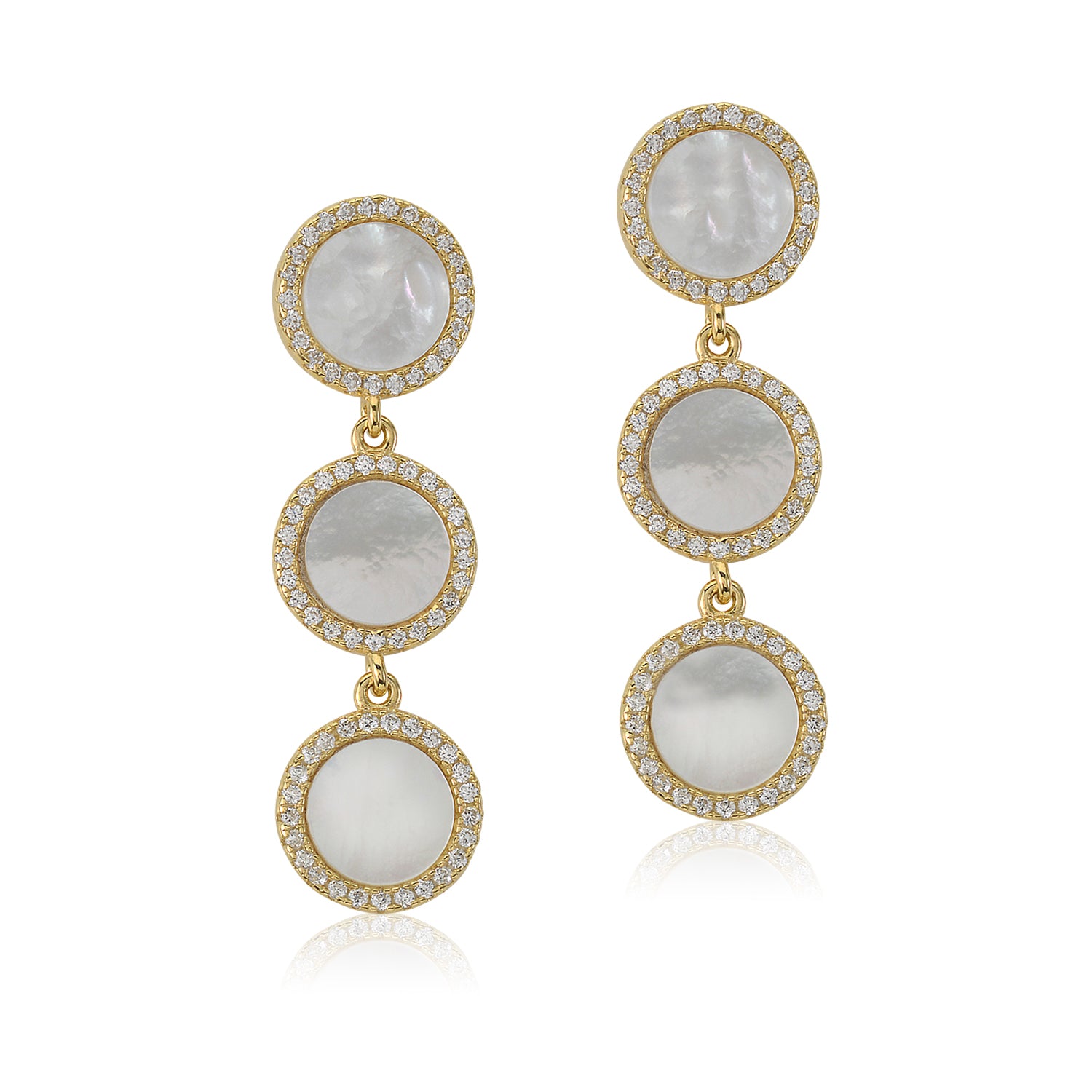 Sterling Silver Yellow Gold Plated CZ Mother of Pearl Triple Round Disc Long Dangle Post Earrings - Massete