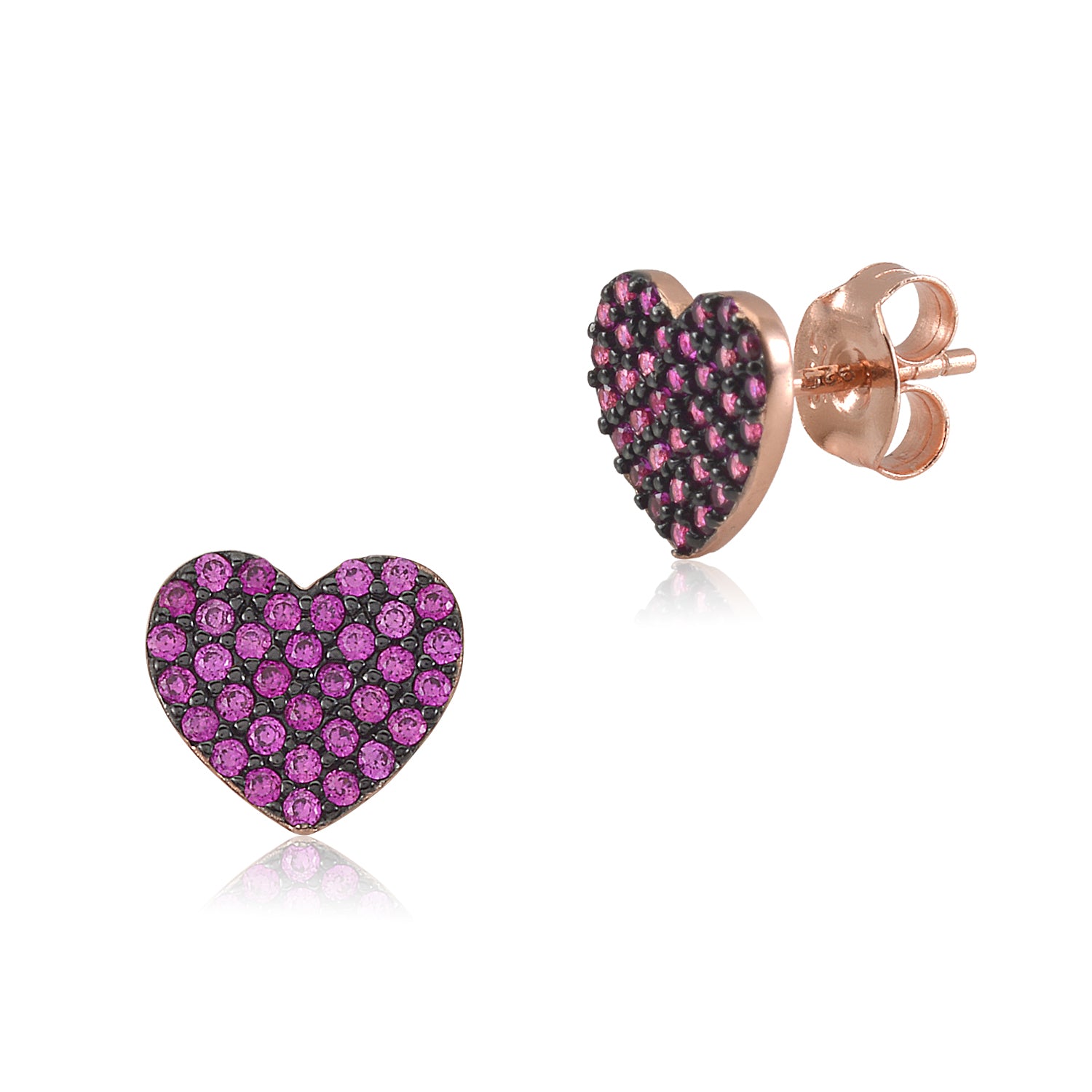 Sterling Silver Rose Gold Plated Black Rhodium Pink CZ Pave Heart Stud Post Earrings - Massete