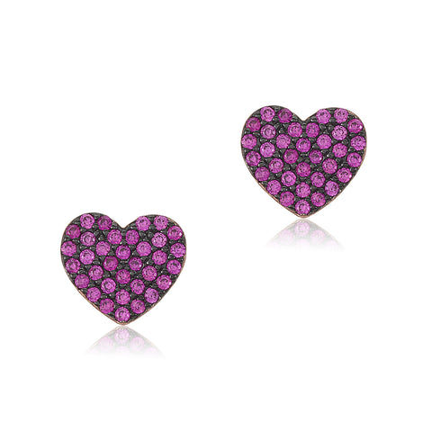 Sterling Silver Rose Gold Plated Black Rhodium Pink CZ Pave Heart Stud Post Earrings - Massete