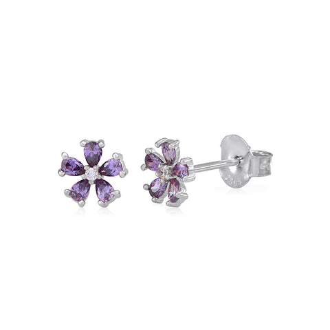 MASSETE 925 Sterling Silver 5 Pear-shaped CZ Petals Purple Flower Stud Post Earrings 7.5mm