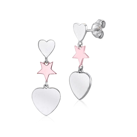 MASSETE Sterling Silver 925 Triple Dangle Heart and Gold Plated Star Post Earrings