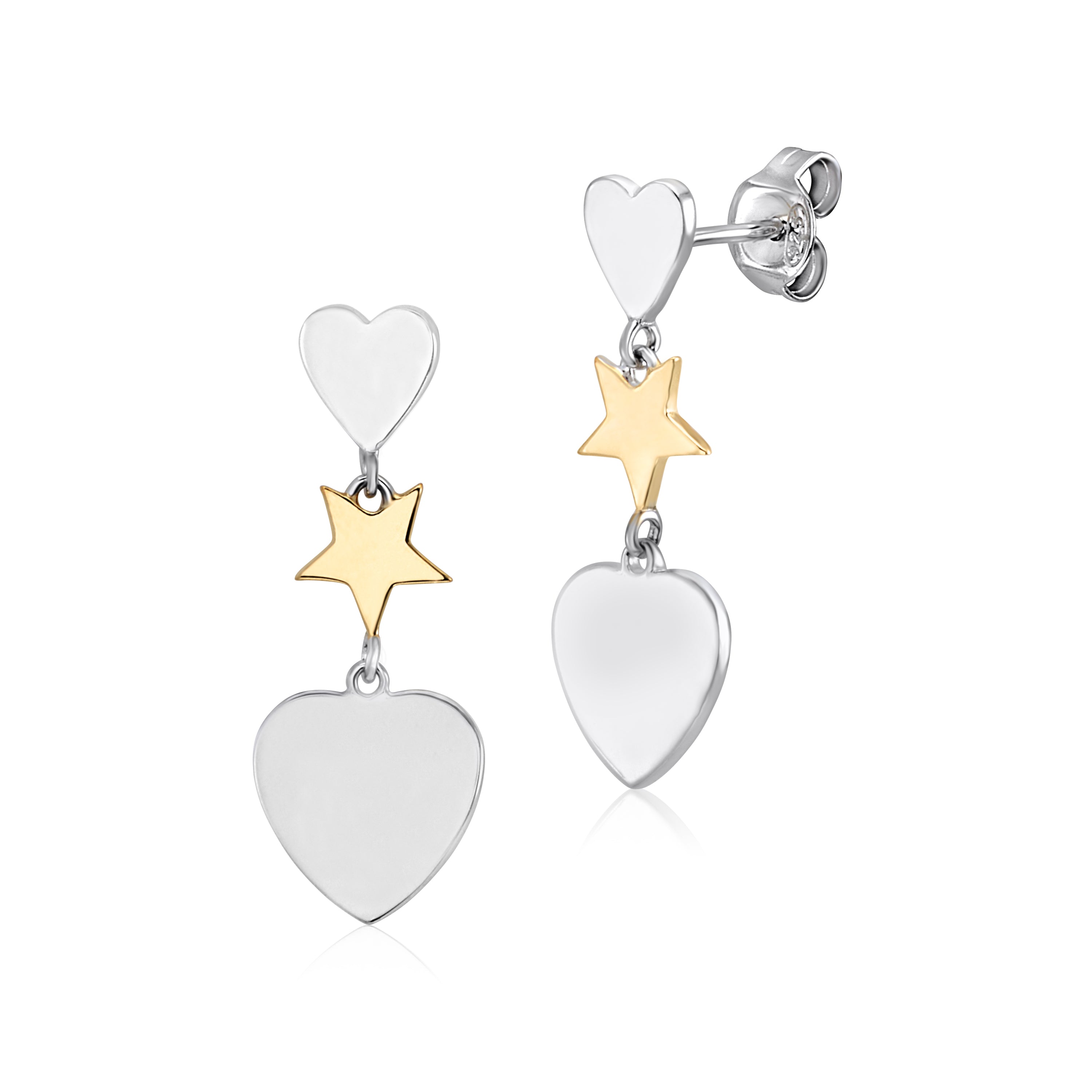 MASSETE Sterling Silver 925 Triple Dangle Heart and Gold Plated Star Post Earrings
