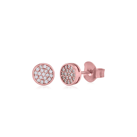 MASSETE Sterling Silver 925 Rose Gold Plated Round Disc Pave CZ Stud Post Earrings