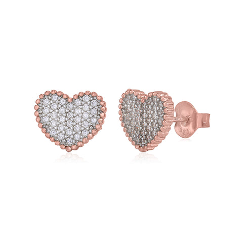 MASSETE Sterling Silver 925 Heart Beaded Pave CZ Stud Post Earrings