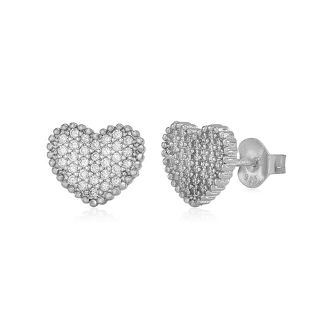 MASSETE Sterling Silver 925 Heart Beaded Pave CZ Stud Post Earrings