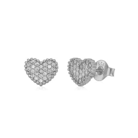 MASSETE Sterling Silver 925 Heart Beaded Pave CZ Stud Post Earrings