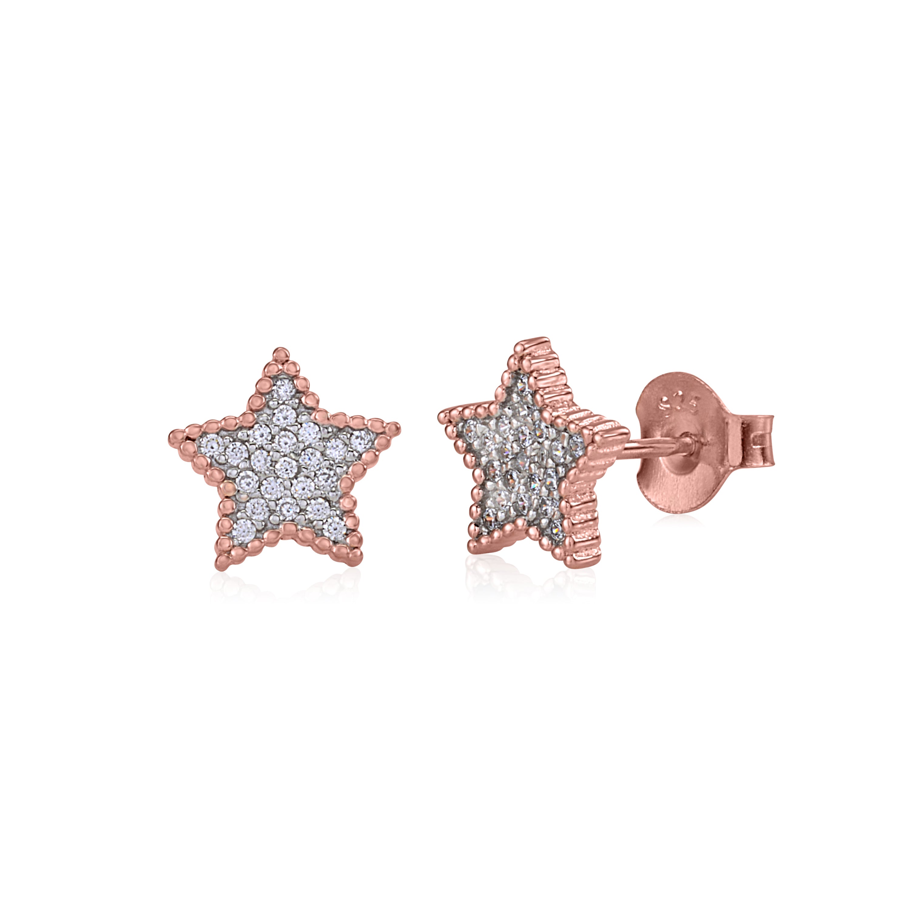 MASSETE Sterling Silver 925 Rose Gold Plated Star Beaded Pave CZ Stud Post Earrings 10mm