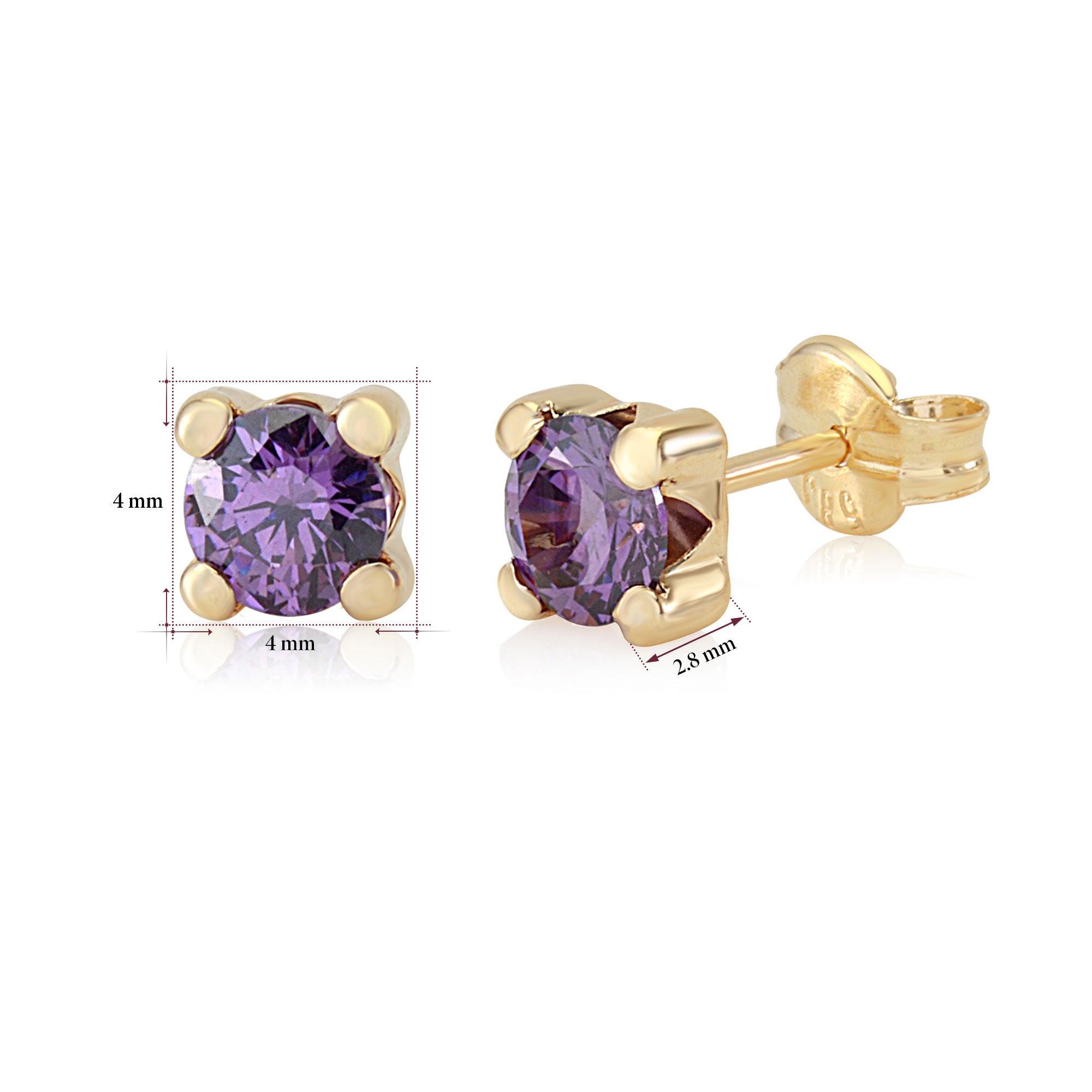 14k Yellow Gold Classic Solitaire Stud Earrings Round Simulated Birthstone 4mm for Girls and Women