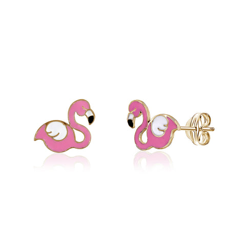 14k Yellow Gold Stud Earrings Flamingo Pink Enamel for Girls