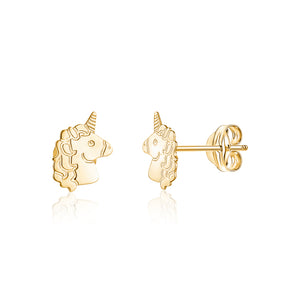 14k yellow gold unicorn stud earrings with polished shine, post backs