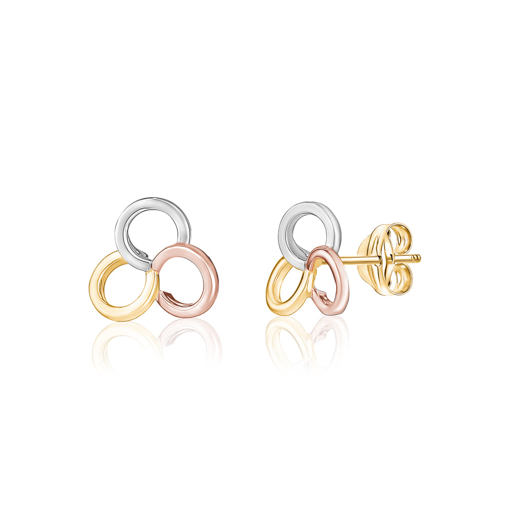 14k Tri Color Gold Borromean Rings Earrings Stud Post Trinity Triple Ring Triangle
