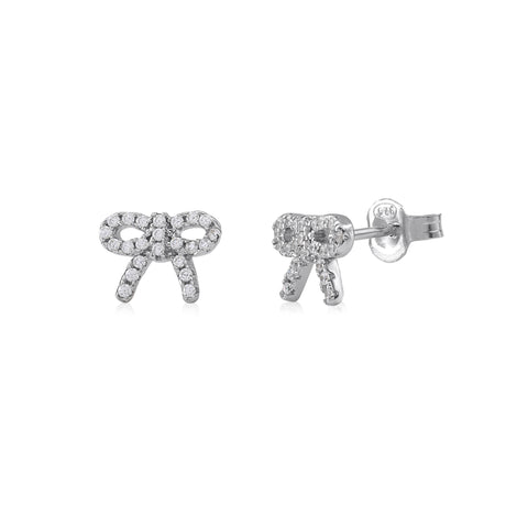 Sterling Silver 925 Pave CZ Bow Stud Post Earrings