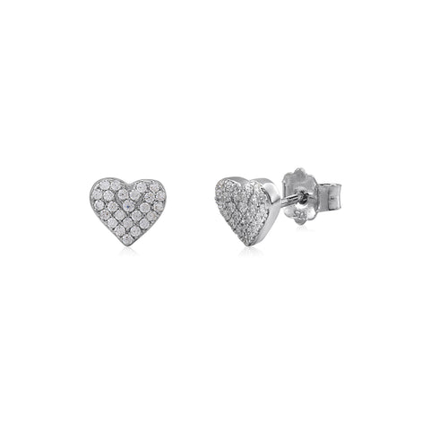 Sterling Silver 925 Small Flat Pave CZ Heart Stud Post Earrings