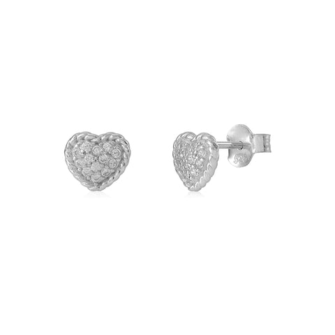 Sterling Silver 925 Small Pave CZ Puffy Heart Stud Post Earrings with Rope Border