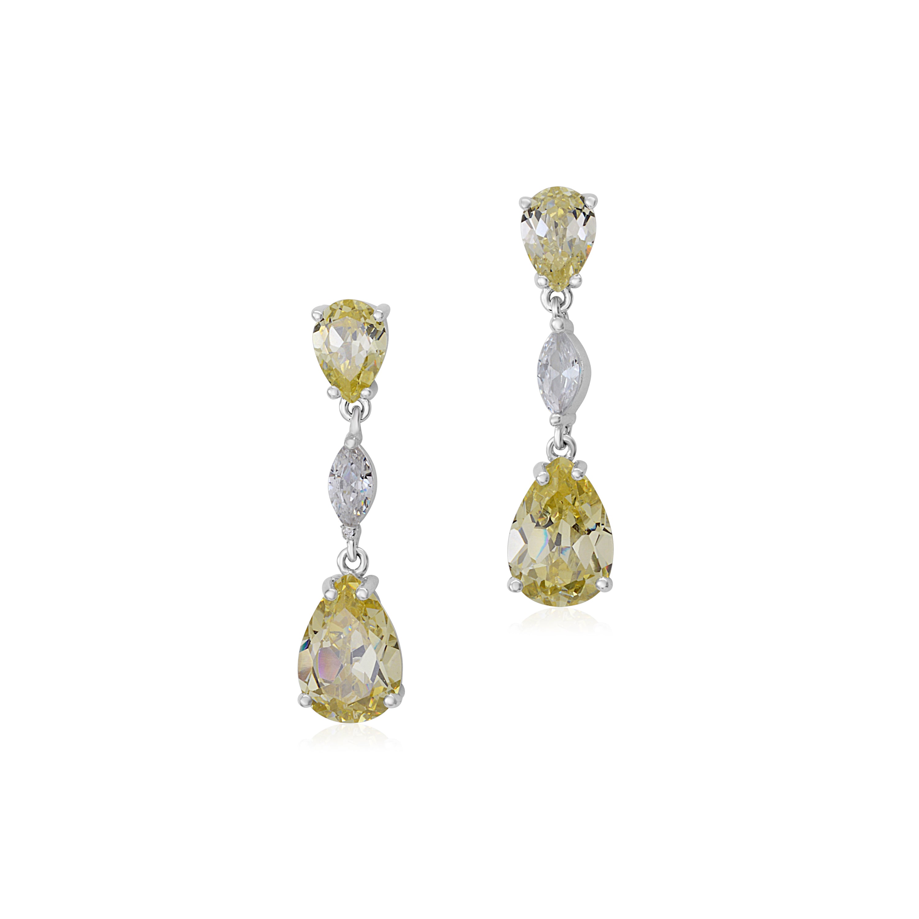 Sterling Silver 925 Simulated Diamond Yellow Pale Double Pear Dangle Post Earrings