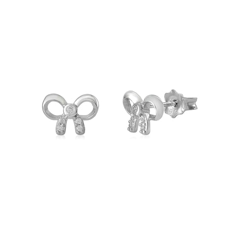 Sterling Silver 925 Pave CZ and Polished Bow Stud Post Earrings