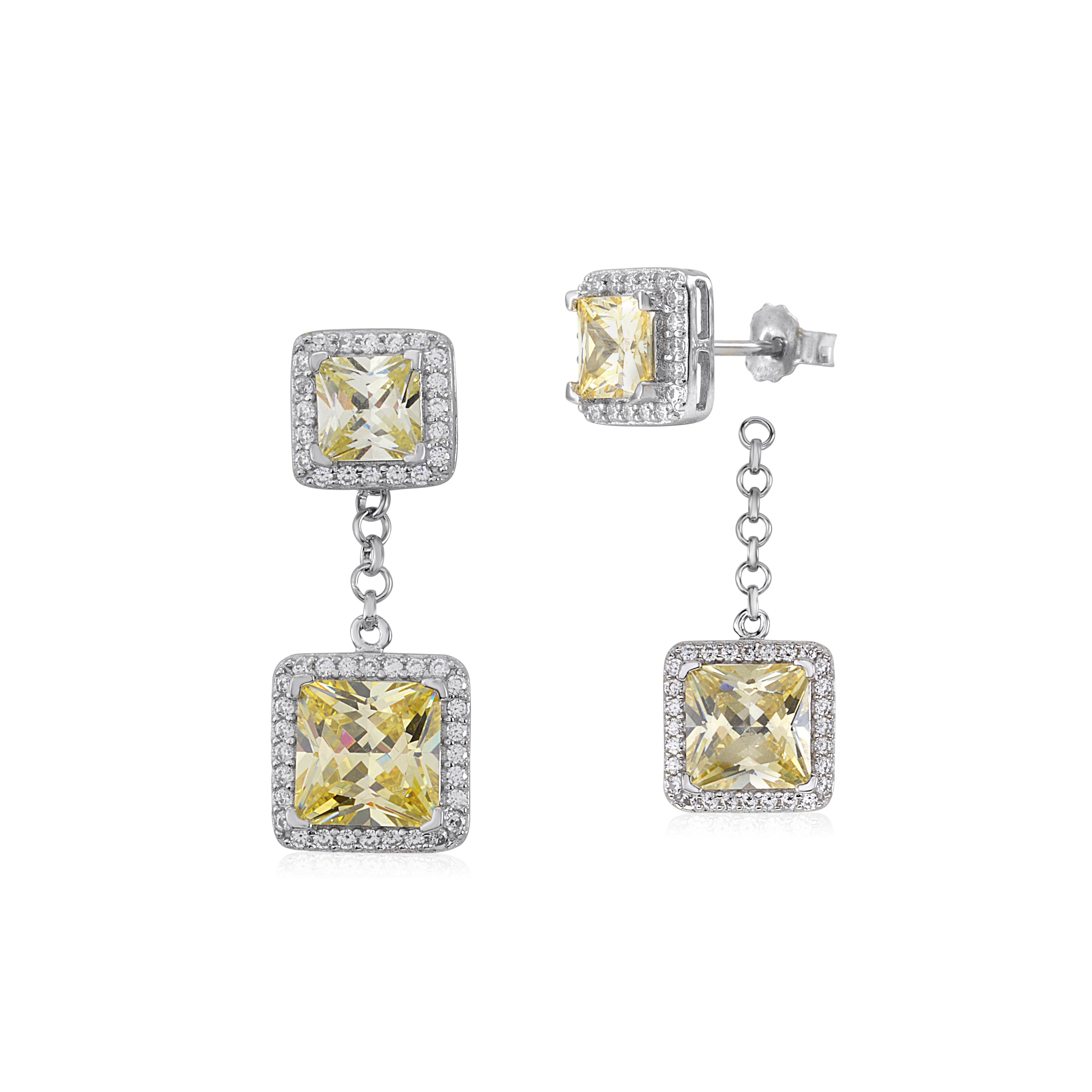 Sterling Silver 925 Simulated Diamond Double Square Halo Drop Dangle Post Earrings with Removeable Stud