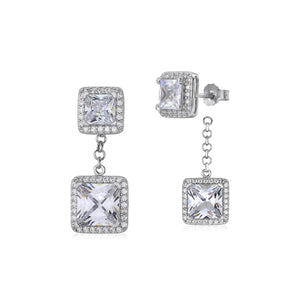 Sterling Silver 925 Simulated Diamond Double Square Halo Drop Dangle Post Earrings with Removeable Stud